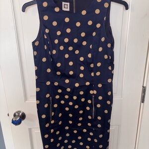 Anne Klein Navy and Tan Polka Dot Midi Dress